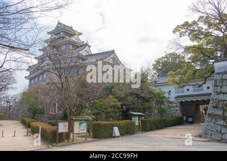 Okayama, Giappone - Castello di Okayama a Okayama, Giappone. La torre principale originariamente costruita nel 1597, distrutta nel 1945 e replicata in cemento nel 1966. Foto Stock