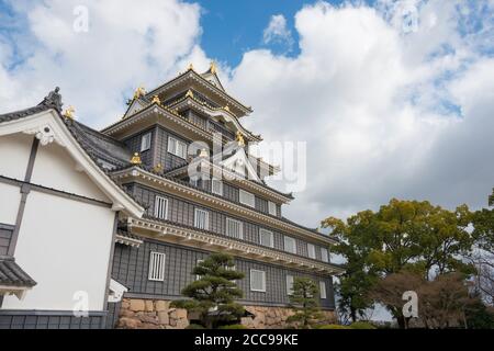 Okayama, Giappone - Castello di Okayama a Okayama, Giappone. La torre principale originariamente costruita nel 1597, distrutta nel 1945 e replicata in cemento nel 1966. Foto Stock