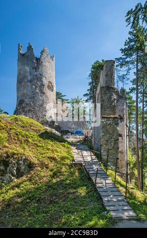 Castello Blatnica (Blatnický hrad), in riparazione, presso il crinale di Pekarova, Parco Nazionale Velka Fatra, vicino al villaggio di Blatnica, Regione Zilina, Slovacchia Foto Stock