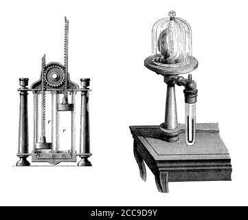 Pompa dell'aria vintage con sezioni di lavoro che comprimono l'aria. Una pompa d'aria a doppia barra è stata utilizzata principalmente per la ricerca scientifica per creare il vuoto Foto Stock