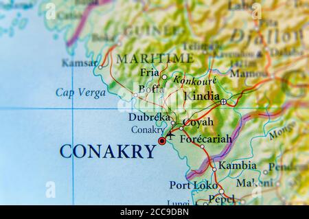 Mappa geografica della Guinea con la capitale Conakry Foto Stock