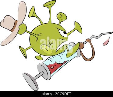 Pericoloso e infettivo virus corona facendo rodeo su una siringa illustrazione vettoriale cartoon Illustrazione Vettoriale