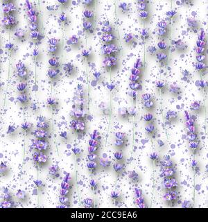 Fiori di lavanda e spruzzi viola acquerello motivo senza cuciture su sfondo bianco. Illustrazione disegnata a mano con acquerello. Stampa per tessuto, wallpape Foto Stock