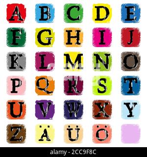 Illustrazione delle lettere nere latine in ordine alfabetico in icone colorate Foto Stock
