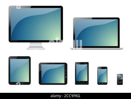 Immagine di computer e dispositivi portatili di diverse dimensioni e. forma su sfondo bianco Foto Stock