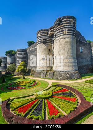 Imponenti torri difensive del Chateau d'Angers - Angers, Maine-et-Loire, Francia. Foto Stock