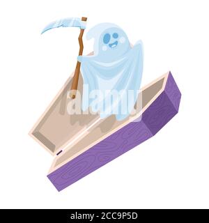 Cartoon cute halloween fantasma volare fuori la bara che tiene la falce. Illustrazione vettoriale. Illustrazione Vettoriale