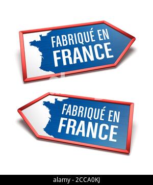 Made in France - etichette blu, bianche e blu con una mappa della Francia, testo in lingua francese. Certificato francese all'interno delle forme delle icone a freccia, rivolto a sinistra Foto Stock