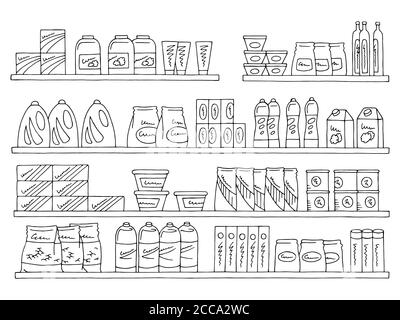 Scaffali set grafico nero bianco isolato schizzo negozio alimentare vettore di illustrazione Illustrazione Vettoriale