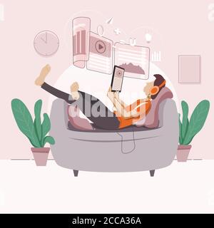Un ragazzo che studia online con l'illustrazione della modalità relax Illustrazione Vettoriale