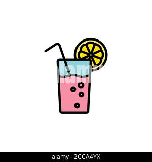 bicchiere di limonata con icona vettoriale lineare a fetta di paglia e limone. Bevanda fredda in vetro con il segno sottile della linea di limone e paglia. Rinfrescante bevanda estiva, Illustrazione Vettoriale