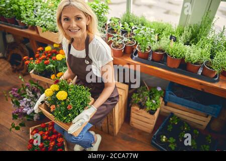 Donna ad alta spirale con piante fiorite che guardano verso l'alto Foto Stock