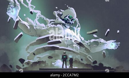 l'astronauta che guarda il gigante futuristico, stile d'arte digitale, pittura d'illustrazione Foto Stock