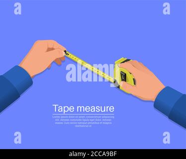 Le mani del lavoratore tengono una roulette di costruzione. Concetto di riparazione e costruzione. Oggetto del servizio. Illustrazione isometrica.3D. Illustrazione Vettoriale