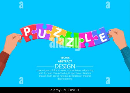 Mani mettere particelle di puzzle multicolore. Sfondo. Concetto di collaborazione, soluzioni di compiti difficili. Oggetto del gioco. Un'illustrazione vettoriale Illustrazione Vettoriale