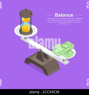 Bilancia con clessidra e banconote. Il tempo scade. Deadline.Concept Time and money.Balance tra il lavoro e il dato Time.isometry.3D.Vector illust Illustrazione Vettoriale