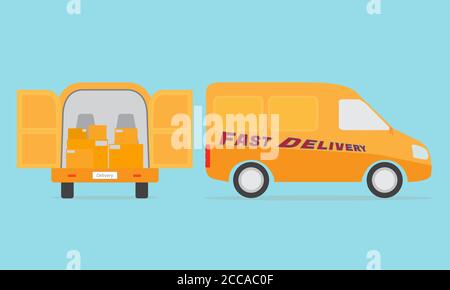 Vettore di consegna furgone. Acquista il servizio di consegna rapida online. Vista laterale e posteriore del carrello di consegna su sfondo blu. Figura Illustrazione Vettoriale