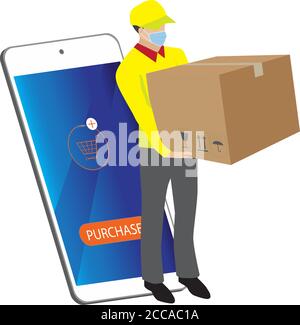 Vettore di smartphone acquistare online. Soggiorno casa concetto di shopping durante Covid-19 o pandemia di Coronavirus. Una confezione di scatole di trasporto del corriere su sfondo bianco Illustrazione Vettoriale