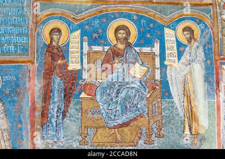 Romania, Bucovine, fresco dettaglio presso la Chiesa di San Giorgio al Monastero di Voronet. Foto Stock