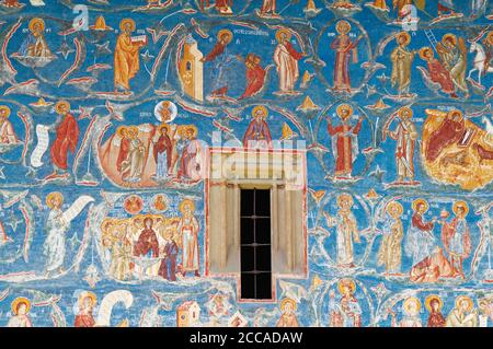 Romania, Bucovine, fresco dettaglio presso la Chiesa di San Giorgio al Monastero di Voronet. Foto Stock