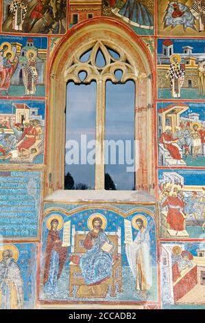 Romania, Bucovine, fresco dettaglio presso la Chiesa di San Giorgio al Monastero di Voronet. Foto Stock