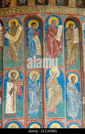 Romania, Bucovine, fresco dettaglio presso la Chiesa di San Giorgio al Monastero di Voronet. Foto Stock