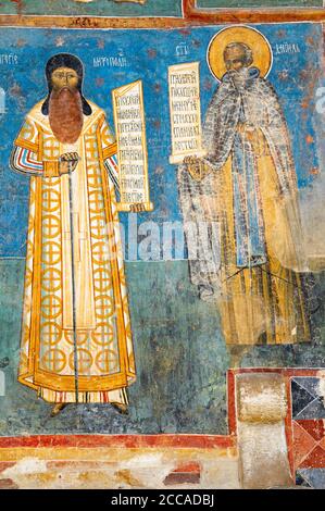 Romania, Bucovine, fresco dettaglio presso la Chiesa di San Giorgio al Monastero di Voronet. Foto Stock