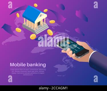 Mobile banking.la mano dell'utente esegue operazioni monetarie dallo smartphone.background concettuale. Poster.3D. Isometria. Illustratio vettoriale Illustrazione Vettoriale