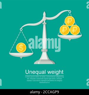 Monete con un simbolo di dollaro e ruble su scales.Overweight di valuta. Concetto di business.tasso di cambio. Elementi per la progettazione. Un'illustrazione vettoriale i Illustrazione Vettoriale