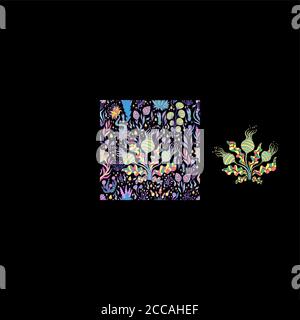 Fantastico psichedelico luminoso astratto piante, funghi e fiori senza cuciture motivo, isolato su sfondo nero. Illustrazione Vettoriale