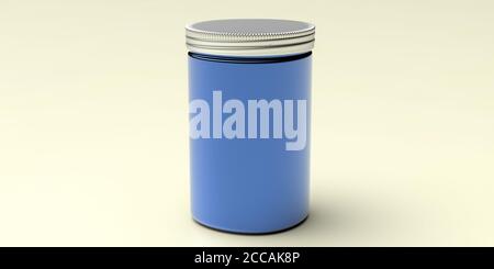 Vaso in vetro con coperchio in metallo vuoto, colore blu su sfondo giallo pastello. Deposito della cucina, contenitore di conservazione, modello di pubblicità. illusione 3d Foto Stock