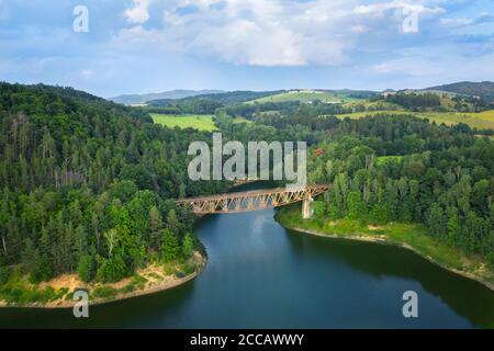 Vista aerea del ponte Pilchowicki - vecchio ponte ferroviario a tralicci d'acciaio sul lago Pilchowickie in bassa Slesia, Polonia Foto Stock