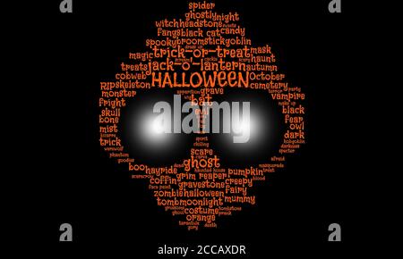 La nuvola di parola di Halloween in arancione testo su sfondo nero forma un ghoul, spok, alieno con grandi occhi fissi, concetto per paura, ottobre 31, costumi Foto Stock