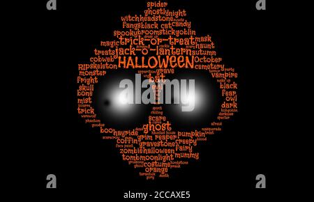 La nuvola di parola di Halloween in arancione testo su sfondo nero forma un ghoul, spok, alieno con grandi occhi fissi, concetto per paura, ottobre 31, costumi Foto Stock