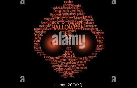La nuvola di parola di Halloween in arancione testo su sfondo nero forma un ghoul, spok, alieno con grandi occhi fissi, concetto per paura, ottobre 31, costumi Foto Stock