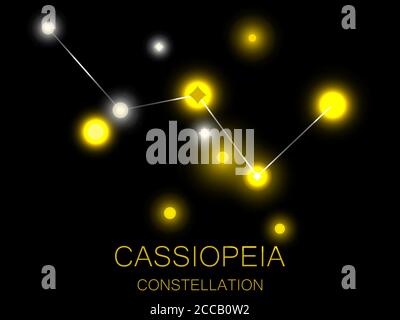 Costellazione di Cassiopeia. Stelle gialle luminose nel cielo notturno. Un grappolo di stelle nello spazio profondo, l'universo. Illustrazione vettoriale Illustrazione Vettoriale