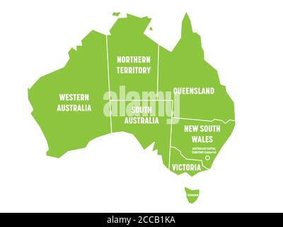 Mappa semplificata dell'Australia divisa in stati e territori. Mappa verde piatta con bordi bianchi ed etichette bianche. Illustrazione vettoriale. Illustrazione Vettoriale