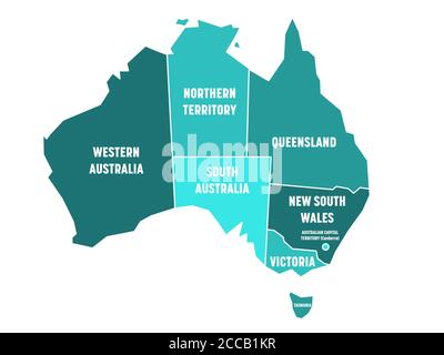 Mappa semplificata dell'Australia divisa in stati e territori. Mappa piatta blu turchese con bordi bianchi ed etichette bianche. Illustrazione vettoriale. Illustrazione Vettoriale