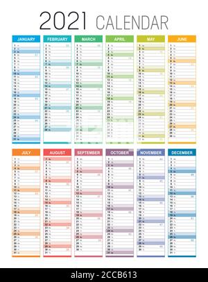 Anno 2021 calendario colorato, con numeri di settimane, su sfondo bianco. Modello vettore. Illustrazione Vettoriale