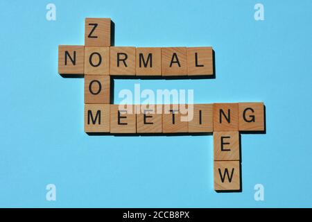 zoom, riunione, nuovo, normale, parole in lettere alfabetiche in legno isolate su sfondo blu Foto Stock