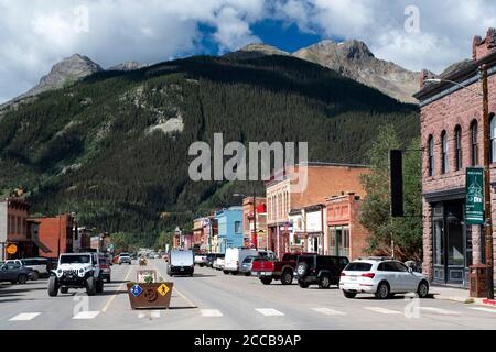 Storica città mineraria di Silverton, Colorado, che si affaccia su Greene Street Foto Stock