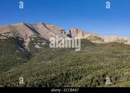 Vista soleggiata del bellissimo Wheeler Peak dal Mather Point al Great Basin National Park, Nevada Foto Stock