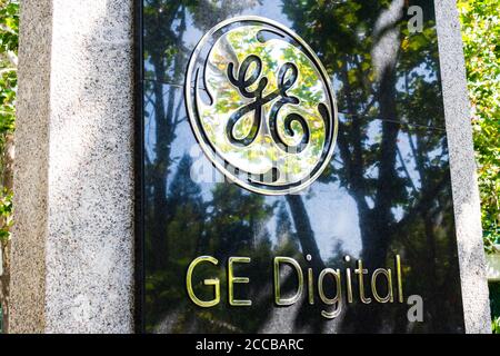 Logo e firma GE Digital presso la sede centrale di Silicon Valley. GE Digital è una consociata della multinazionale americana gene Foto Stock