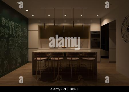 3D render cucina interni design isola di cottura e illuminazione LED Foto Stock