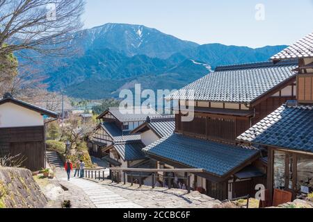 Magome-juku a Nakatsugawa, Gifu, Giappone. Magome-juku era una storica città post del famoso sentiero Nakasendo tra Edo (Tokyo) e Kyoto. Foto Stock