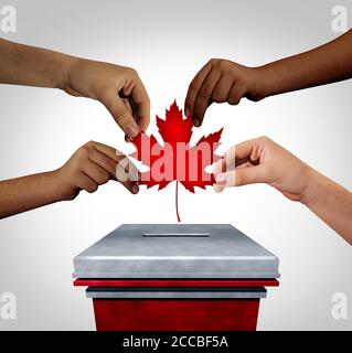 Elezioni canadesi con mani diverse che lanciano un voto canadese per le elezioni federali per un primo ministro o membri provinciali del parlamento. Foto Stock