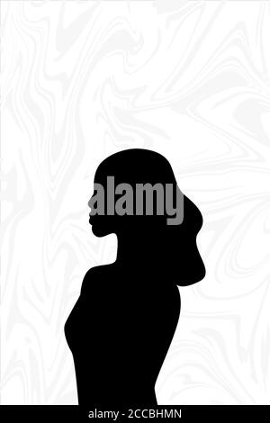 Silhouette nera della vista laterale della donna che si alza da sola con capelli ondulati su uno sfondo bianco con marmo o effetto fluido. Foto Stock