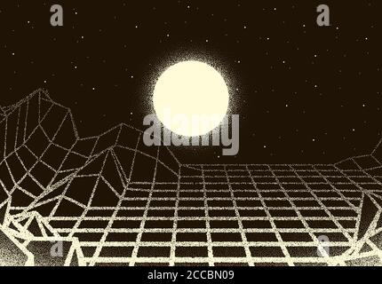 Paesaggio retrò con griglia laser in stile anni '80, pianeta, sole e stelle sfondo da vecchio libro o poster fantascientifico Illustrazione Vettoriale