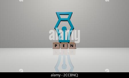 Testo della penna di lettere cubiche sul pavimento e icona 3D sulla parete, illustrazione 3D Foto Stock
