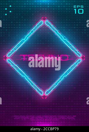 Poster futuristico con ologramma cyberpunk illuminato Rhombus. Modello moderno con hud blu al neon Rhombus con circuito stampato rosa. Design a incandescenza Illustrazione Vettoriale